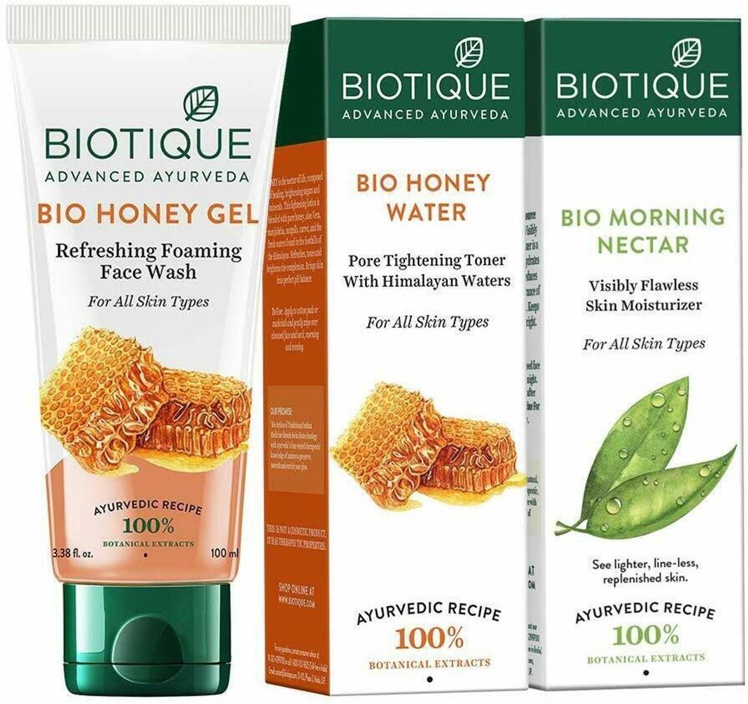 BIOTIQUE Bio Honey Gel face wash, 100ml & Bio Honey Water clarifying toner, 120ml & Bio Morning Nectar skin lotion, 120ml