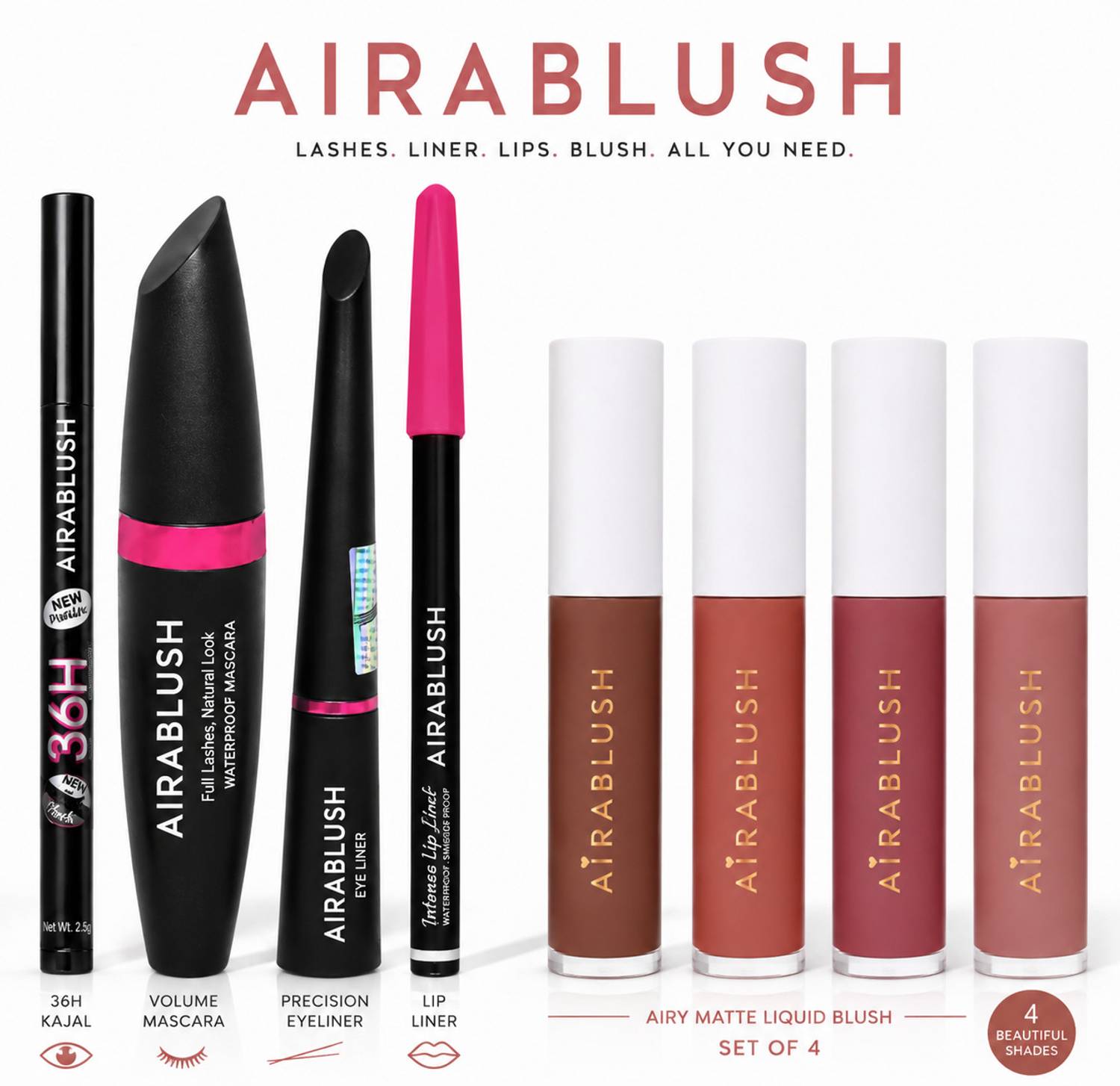 AIRABLUSH Kajal & Liquid-Eye Liner 36H Black & Red Edition Liquid Matte Mini Lipstick