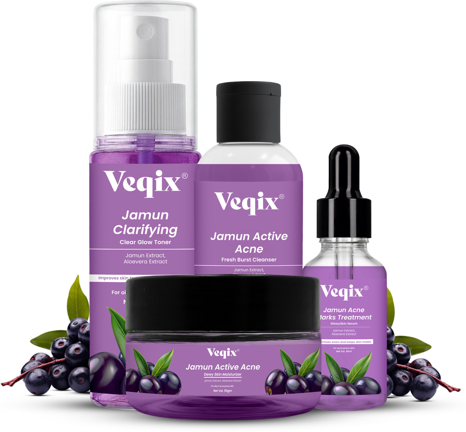 Image of veqix Jamun Active Acne Regime, Toner, Cleanser, 2% Salicylic Acid Serum & Moisturizer