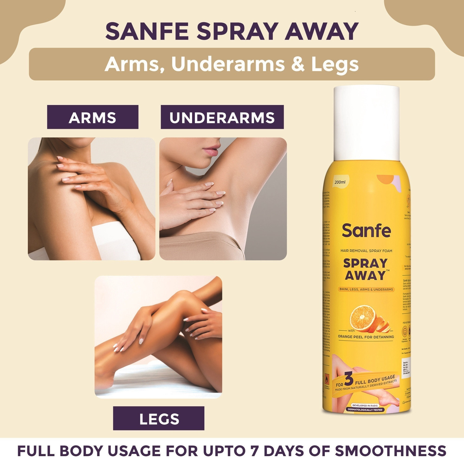 Image of Sanfe Painless & Detan Hair Removal Cream For Legs Chest Underarm & Arms Odour Free Spray
