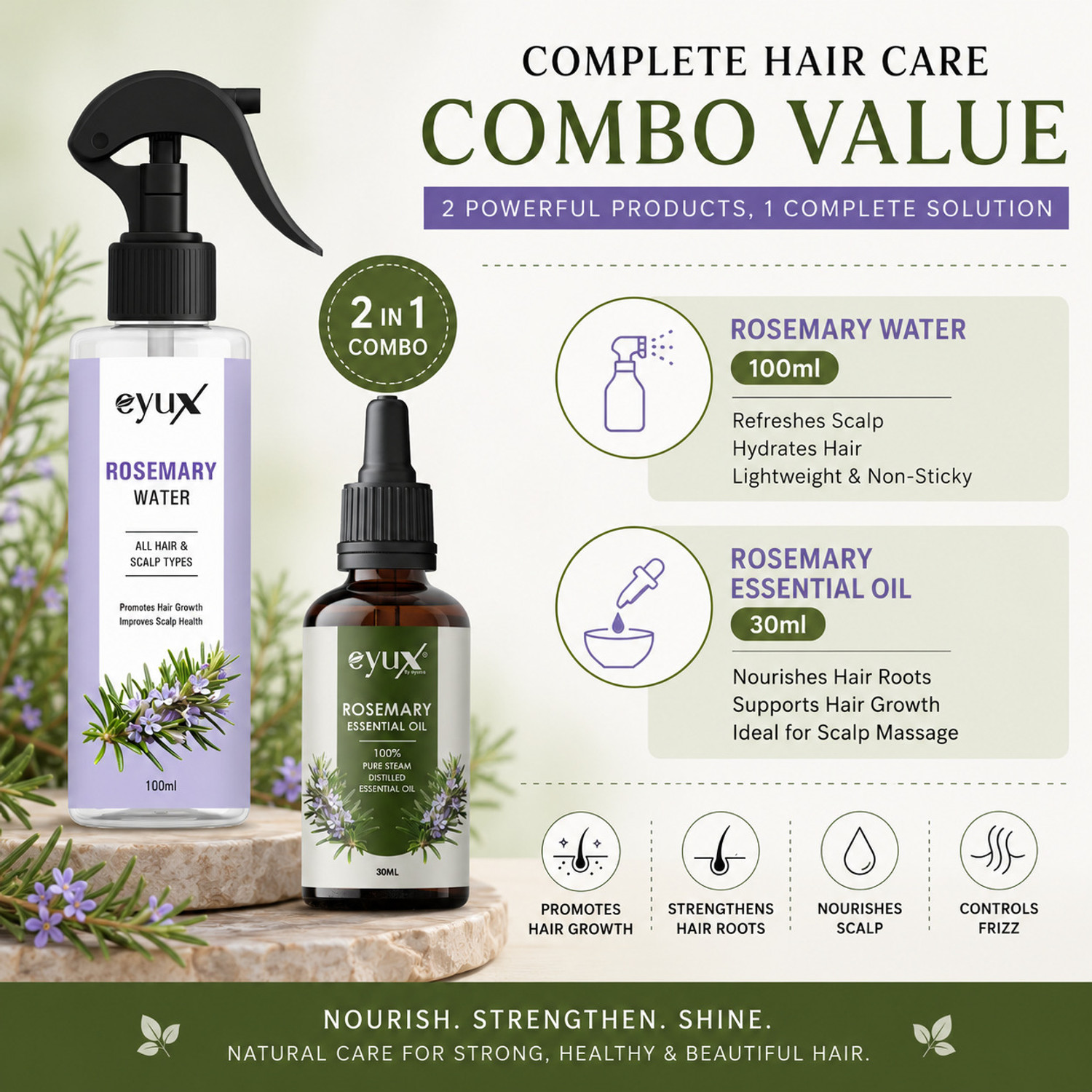 Image of eyux rosemary water spray and rosemary essential oil combo for scalp care hair nourishment and hair root support
