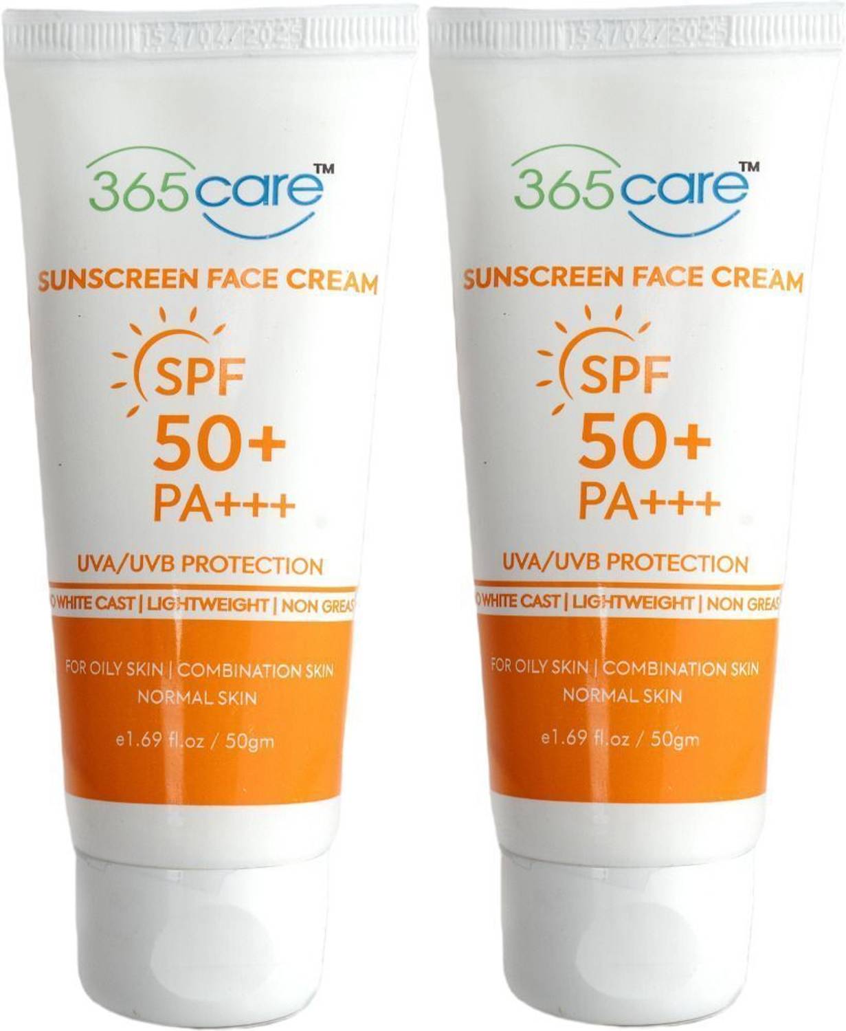 365Care Sunscreen Face Cream, SPF 50+ PA+++, UVA/UVB Protection, Non-Greasy, 50g, Pack of 2