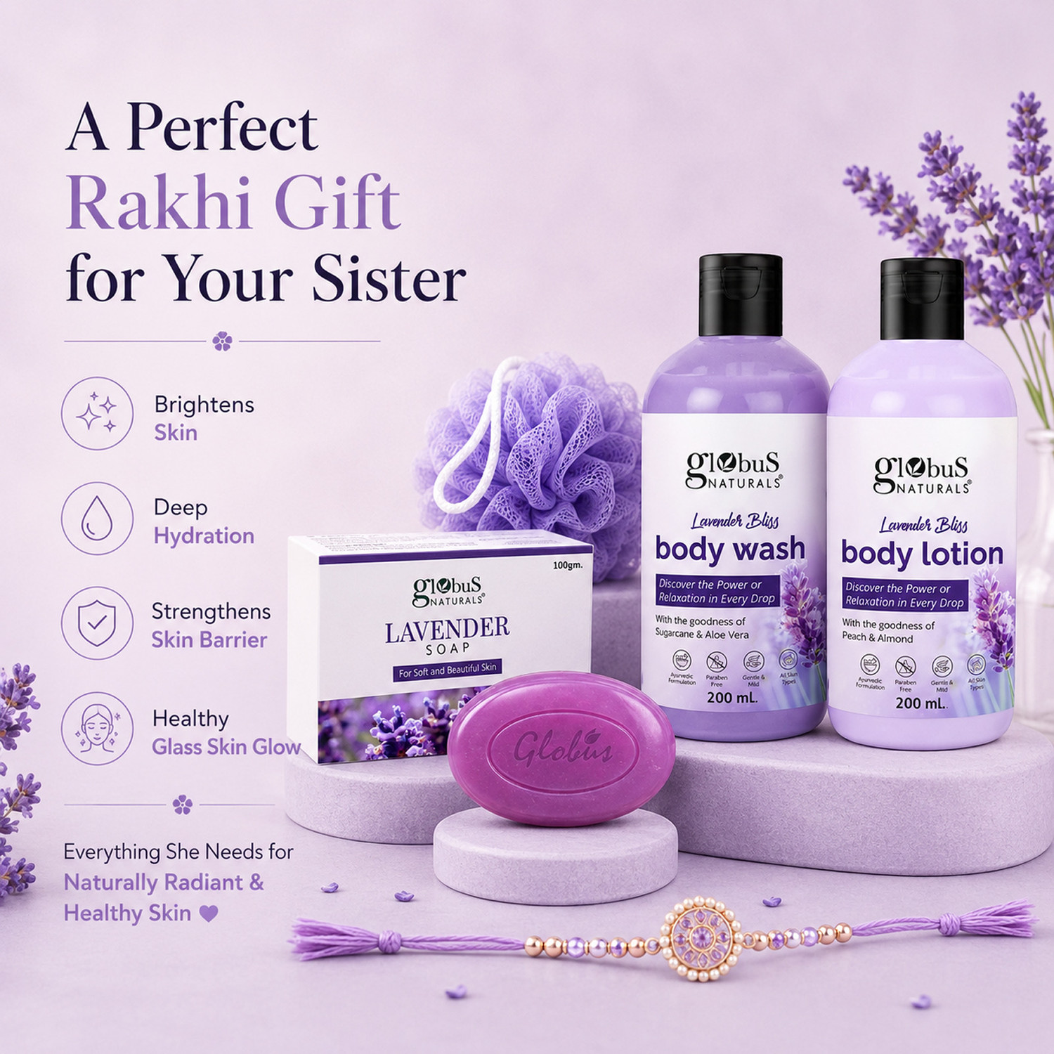 Image of Globus Naturals Rakhi Special Lavender Skincare Gift Combo for Women | Body Wash 200ml, Body Lotion 200ml, Soap 100g & Loofah