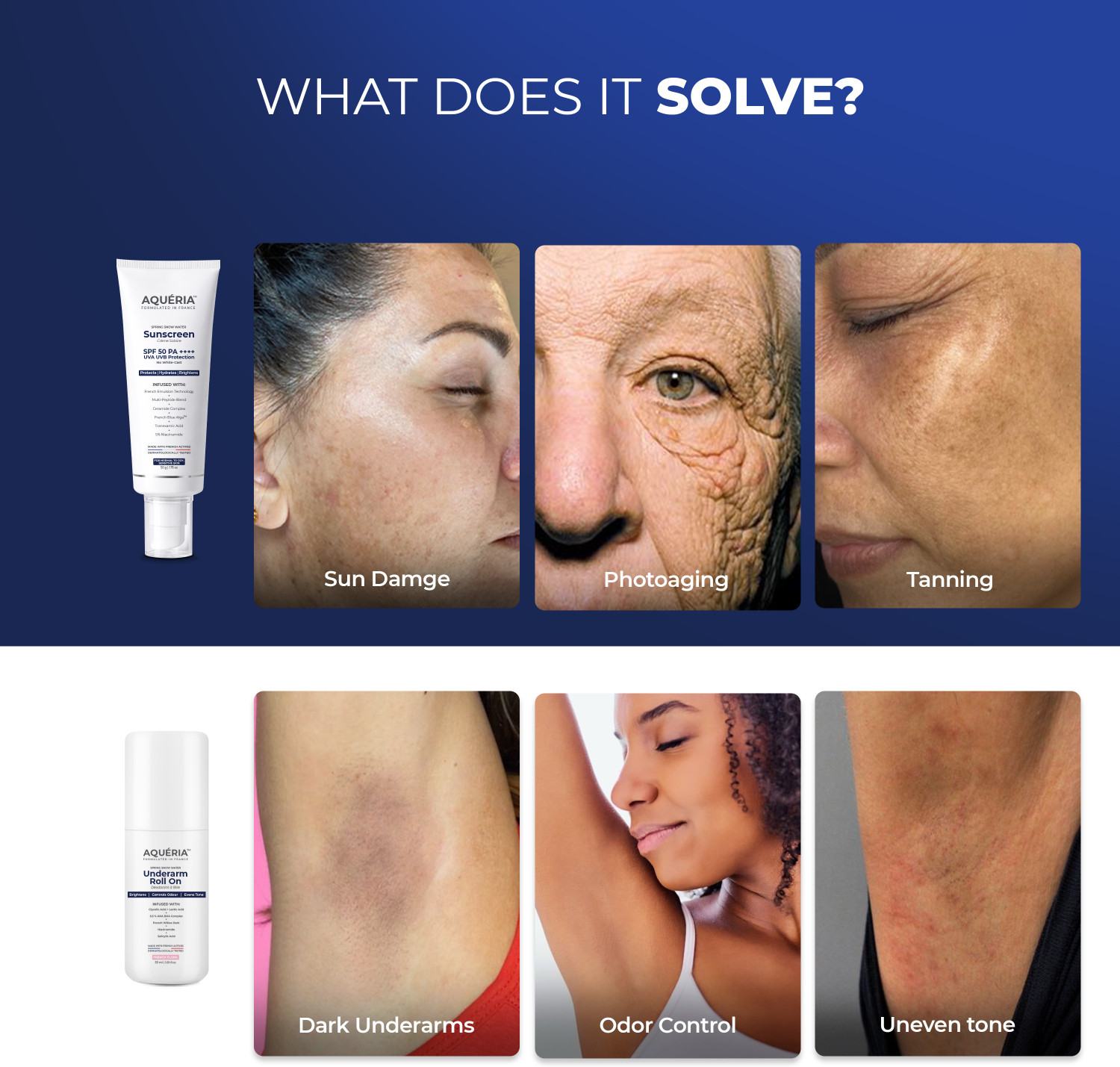 Image of Aqueria Daily Brightening Essentials Kit | Brightening French Sunscreen SPF 50 PA+++ (50g) & 5.5% AHA BHA Underarm Roll On (50ml)