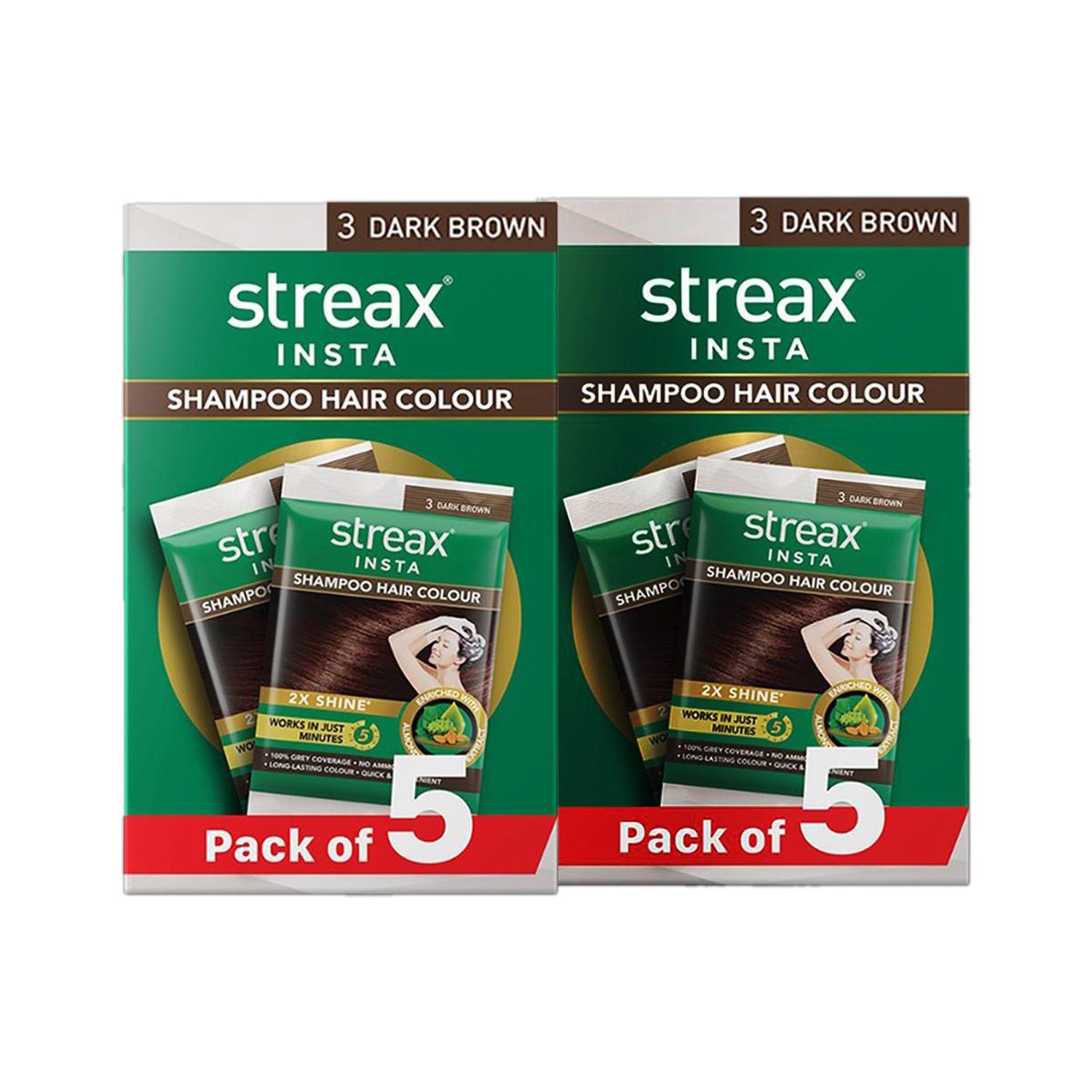 Image of Streax Insta Shampoo Hair Colour for Women and Men, Dark Brown - Pack of 5 Combo Pack