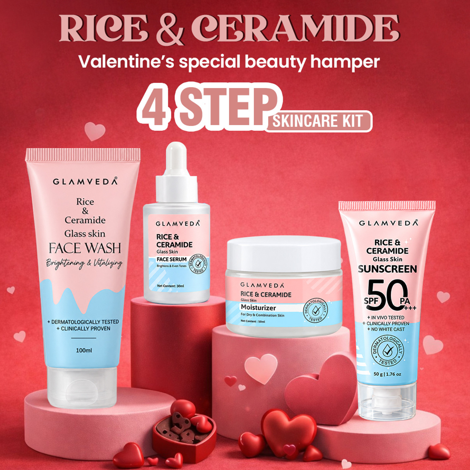 GLAMVEDA Valentines Day Skincare Gift Set – Rice & Ceramide 4-Step Routine | Face Wash, Serum, Moisturizer & Sunscreen | For Men & Women