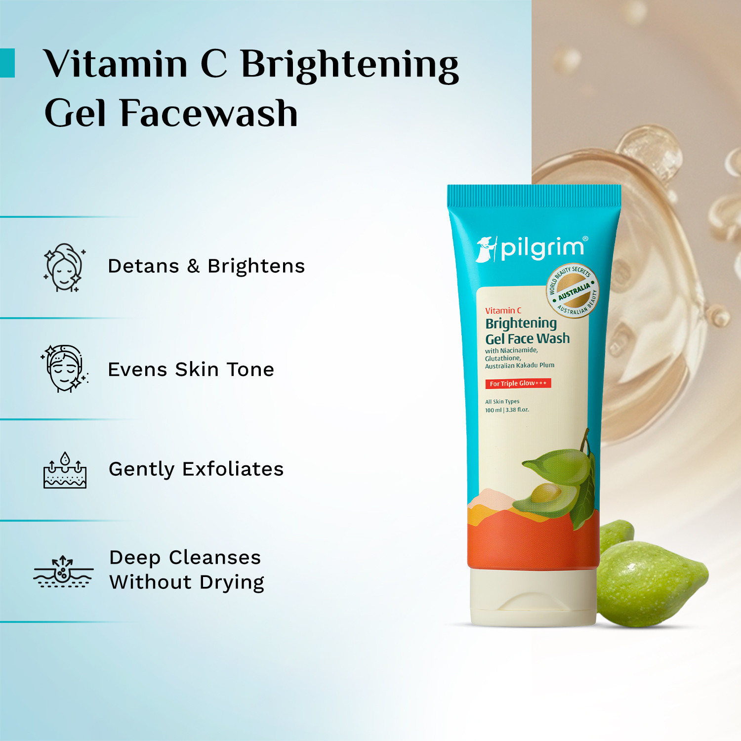 Image of Pilgrim 10% Vitamin C Face Serum (10ml) + Vitamin C Gel Face Wash + Australian Kakadu Plum Brightening Glow Face Moisturizer (50g)