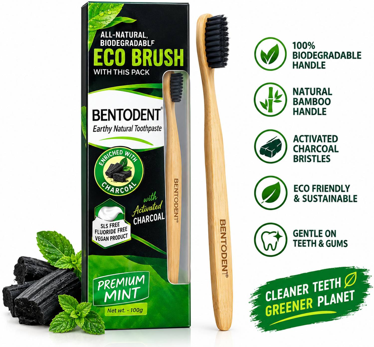 bentodent Activated Charcoal Toothpaste with a Soft Charcoal Bamboo Toothbrush