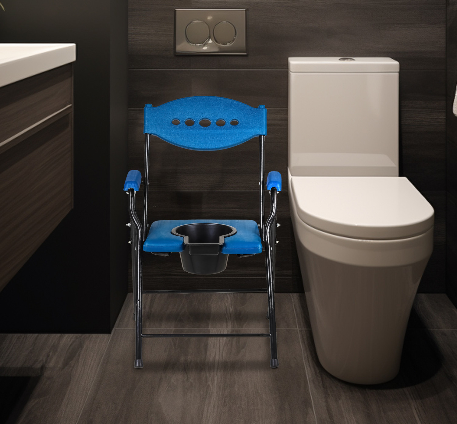 Image of BBSurgical Plastic Comfortable Commode Fixed Armrests, Backrest, Easy-Fold, Non-Slip Base Commode Chair