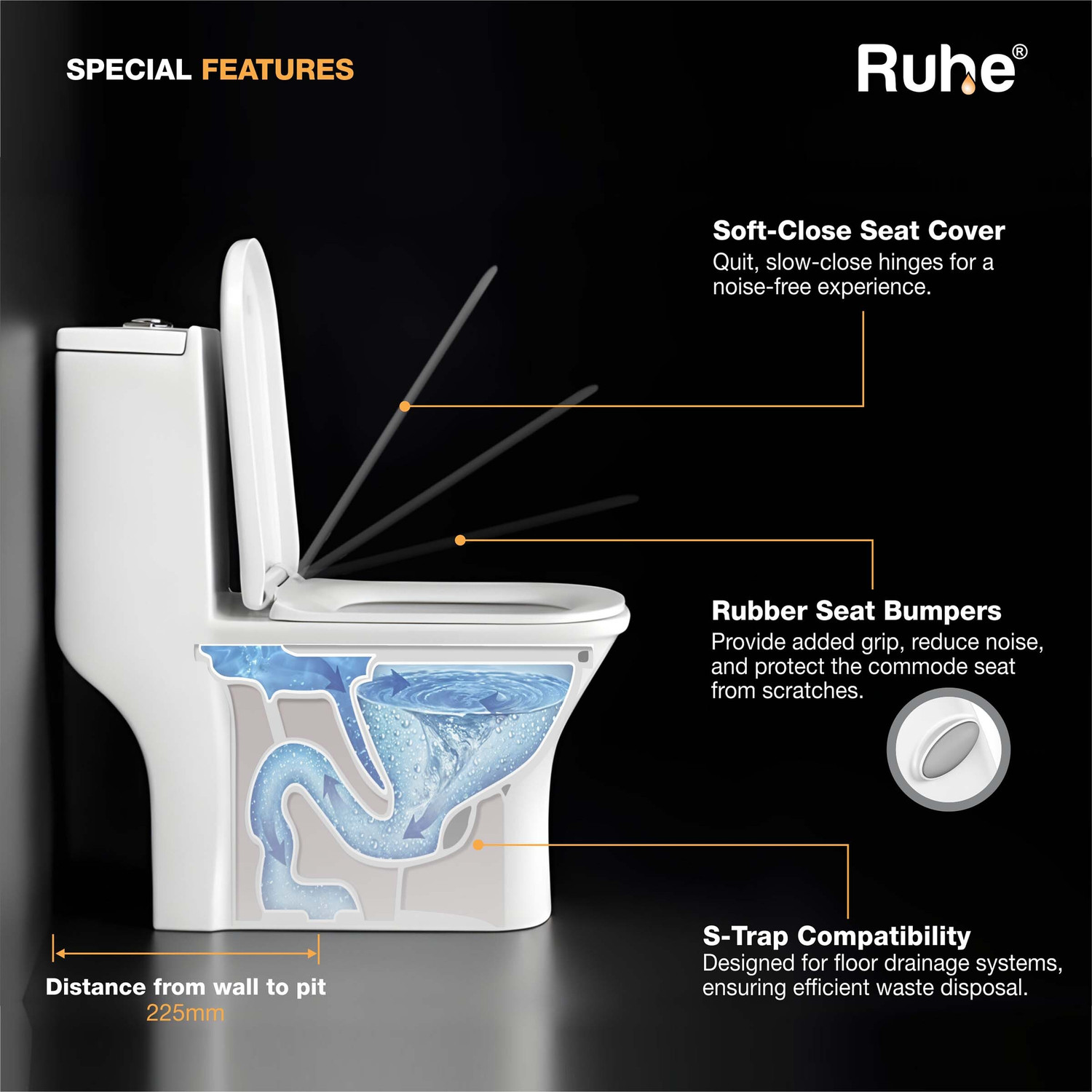 Image of Ruhe Aric One-Piece Box Rim S-Trap | Siphonic Flushing Western Toilet | Soft-Close Seat | Dual Flush | Anti-bacterial Glaze | Floor Mounted Western Commode