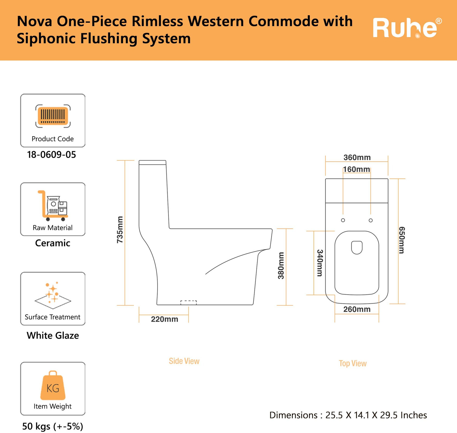 Image of Ruhe Nova One-Piece Rimless S-Trap Western Toilet | High-Grade Ceramic | Anti-Bacterial Glaze | Soft Close Seat | Dual Flush | Floor Mounted Western Commode