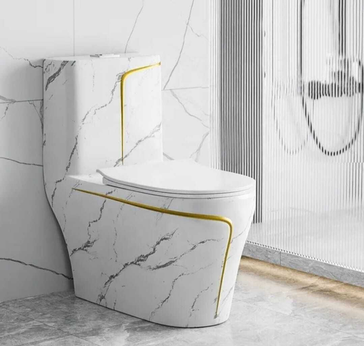 Image of SIORE Premium Quality 1008 Shining White Marble commode with Yellow Finishing Line and Round Flush Button Western Commode