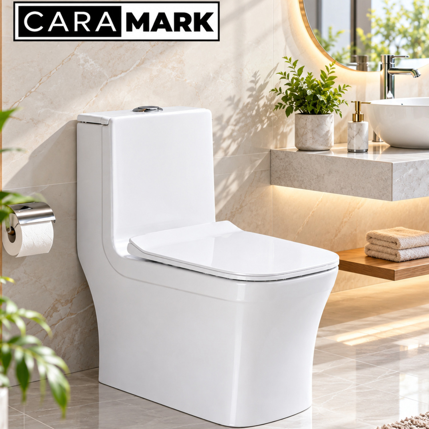Image of CARA MARK Commode for Bathroom |RIMLESS TECHNOLOGY| Premium One-Piece Western Toilet Seat | Dual Flush | Soft-Close Seat | S-Trap | Western Commode (WHITE)