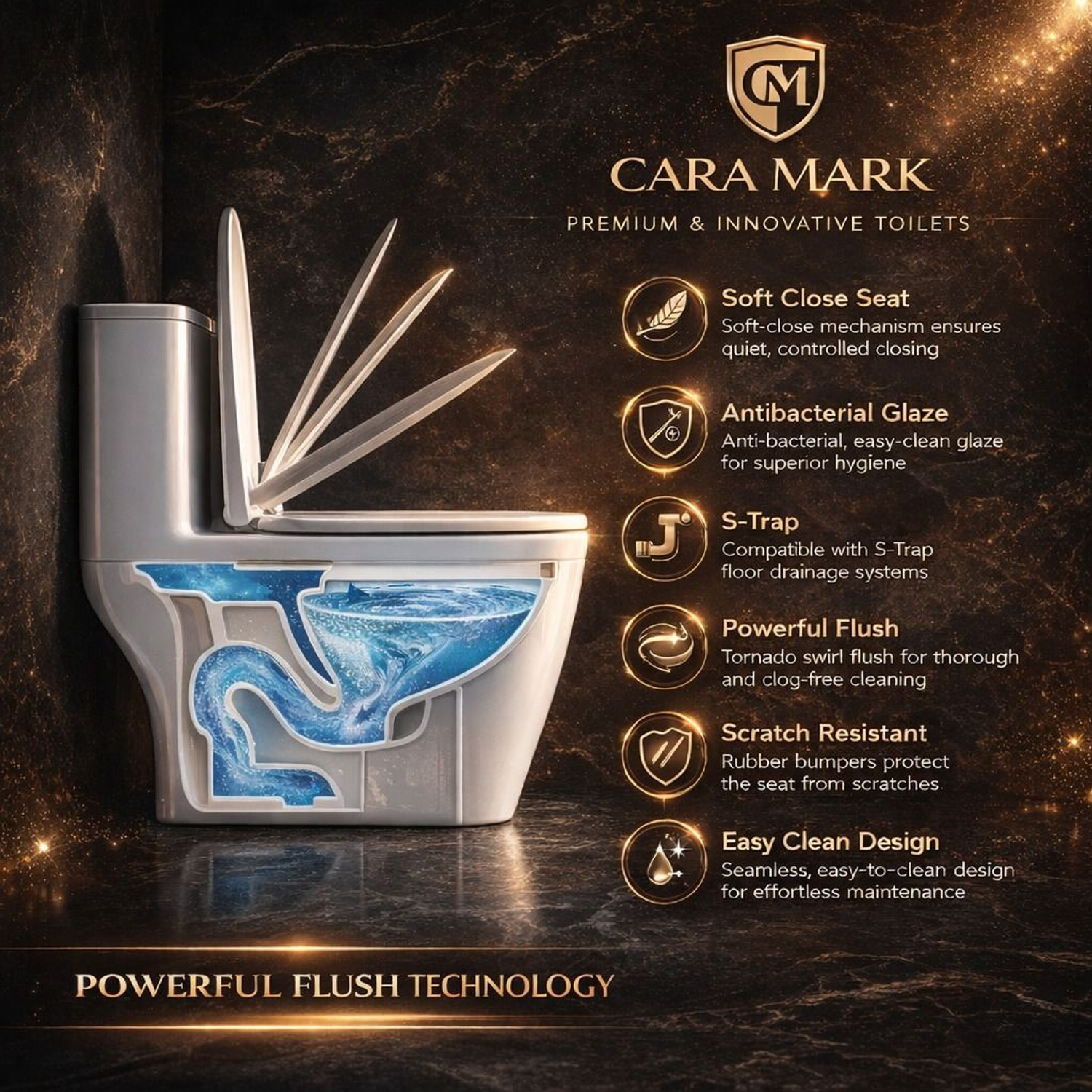 Image of CARA MARK One Piece Commode | Ceramic Toilet Seat | Modern Design | Compact Water Closet | Premium Grade Floor Mounted Western Toilet with soft close sheet cover Western Commode
