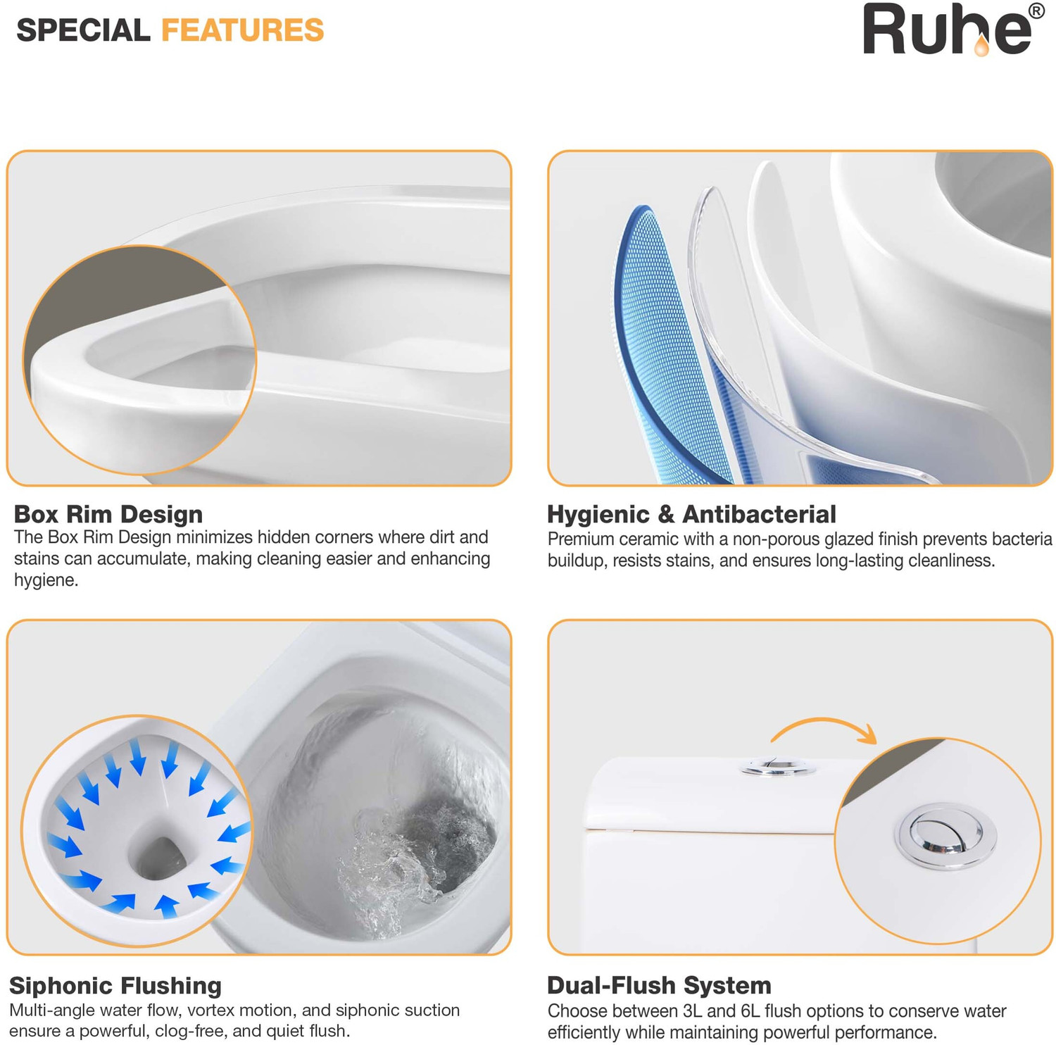 Image of Ruhe Aric One-Piece Box Rim S-Trap | Siphonic Flushing Western Toilet | Soft-Close Seat | Dual Flush | Anti-bacterial Glaze | Floor Mounted Western Commode
