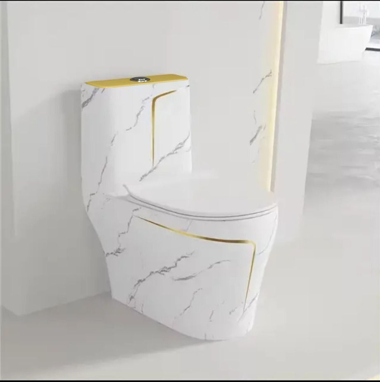 Image of SIORE Premium Quality 9908 Shining Cool White Marble commode with Yellow Finishing Line and Round Flush Button Western Commode