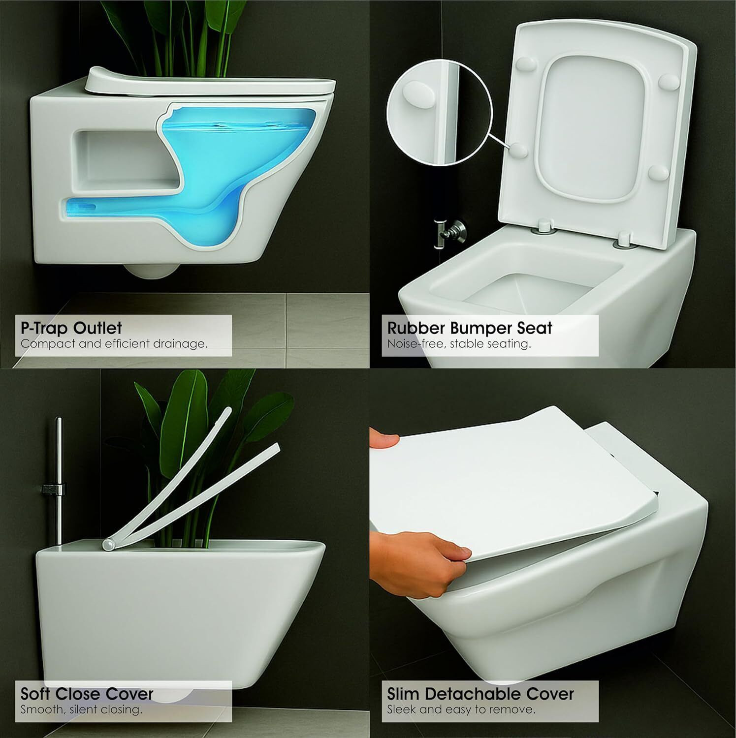 Image of JABON BAGNO Ceramic Western Toilet /Wall Hung Commode /Soft Closing Toilet Seat /P Trap - White Wall Hung Western Commode