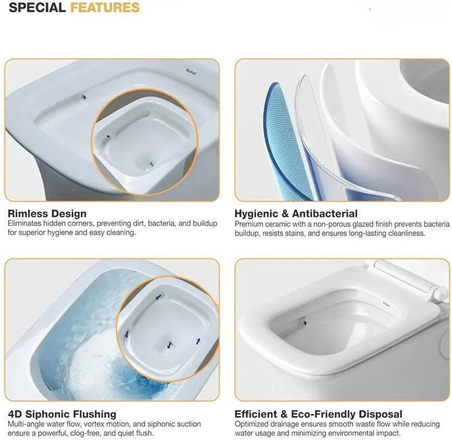Image of Moro SPECTO Floor Mounted 5D Siphonic Western Commode | Ceramic Toilet with Advanced Flushing Technology | Anti-Bacterial Glaze | Soft Close Seat Cover (PP) | S-Trap Western Commode