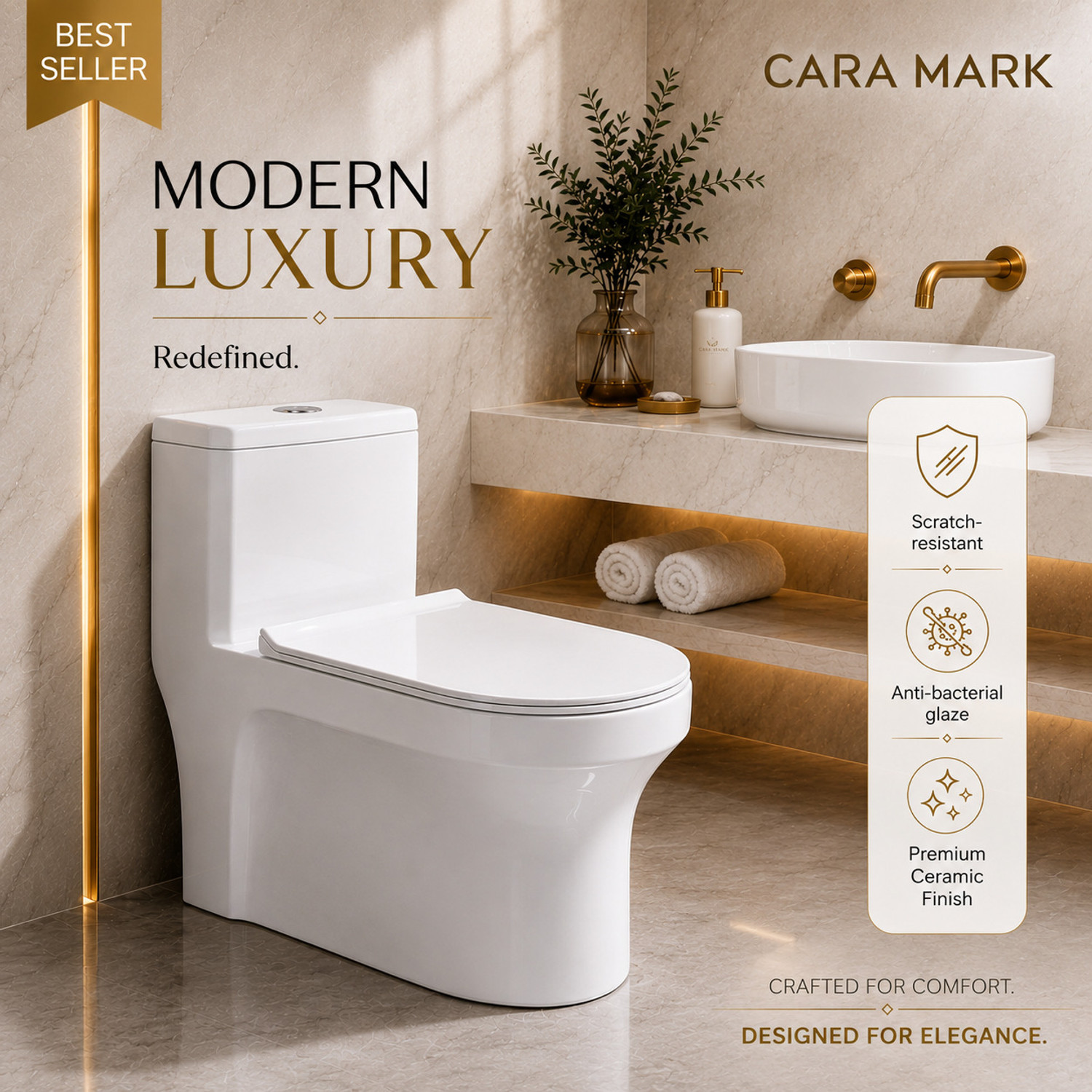 Image of CARA MARK Floor Mounted Western Toilet|S-TRAP| Premium One Piece Western Toilet | High Gloss Ceramic | Soft Close Seat | Western Commode