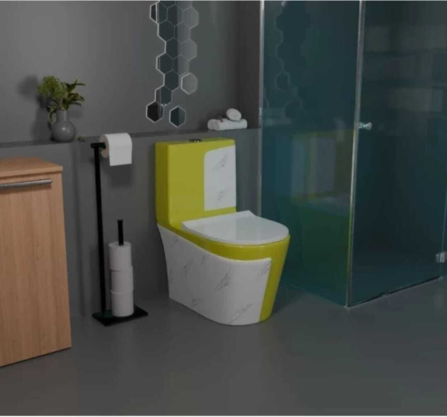 Image of SIORE Premium Quality 1017 Shining Yellow commode with White Marble Finish and Round Flush Button Western Commode