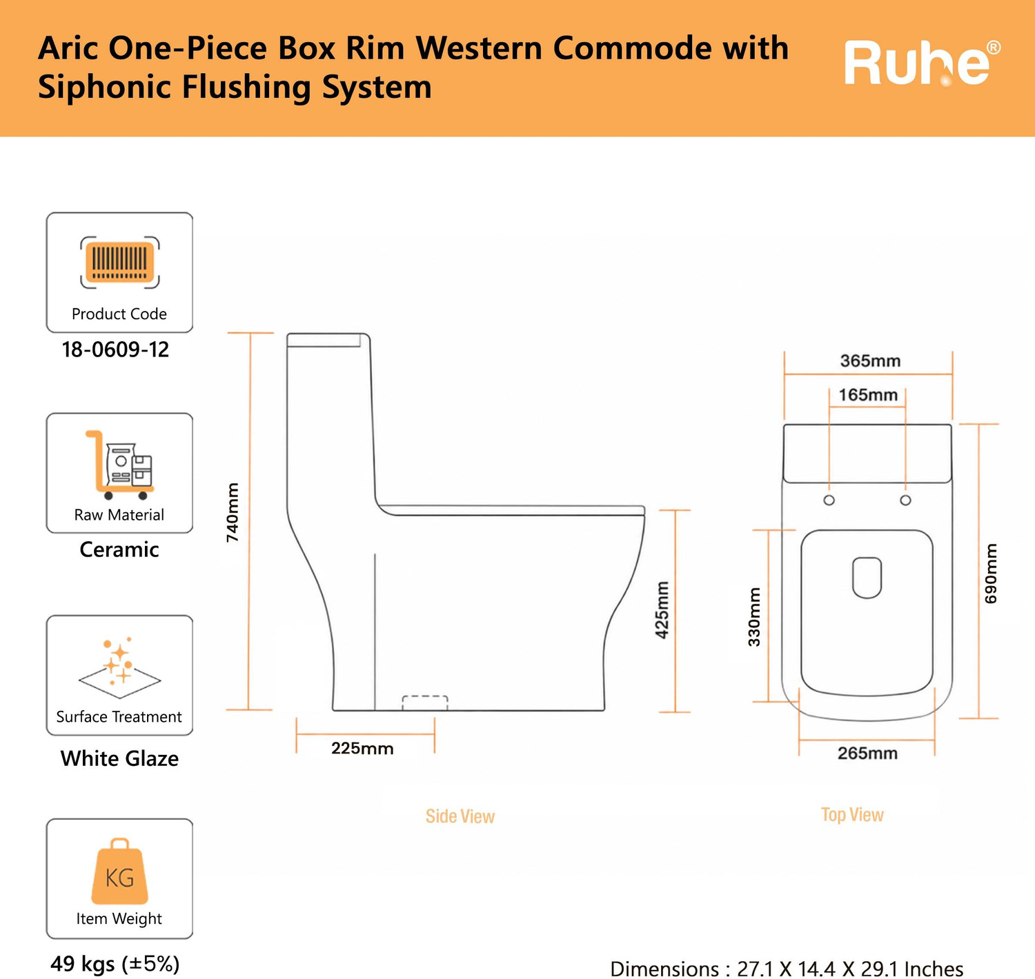 Image of Ruhe Aric One-Piece Box Rim S-Trap | Siphonic Flushing Western Toilet | Soft-Close Seat | Dual Flush | Anti-bacterial Glaze | Floor Mounted Western Commode
