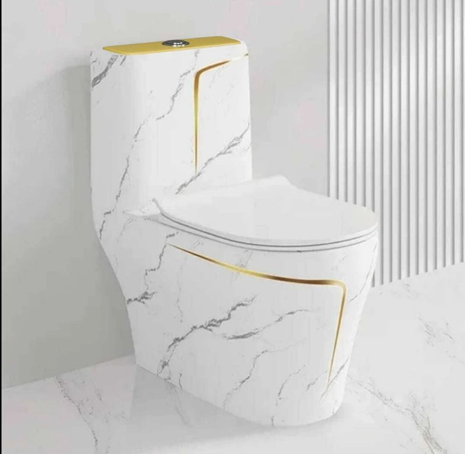 Image of SIORE Premium Quality 9908 Shining Cool White Marble commode with Yellow Finishing Line and Round Flush Button Western Commode