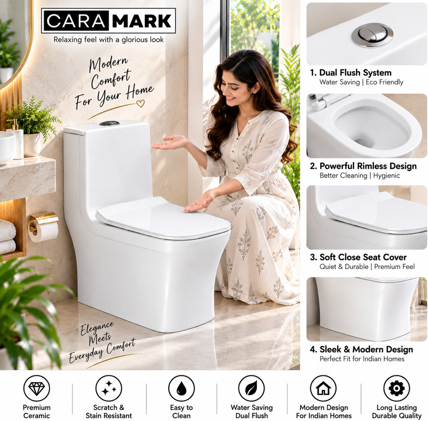 Image of CARA MARK Commode for Bathroom |RIMLESS TECHNOLOGY| Premium One-Piece Western Toilet Seat | Dual Flush | Soft-Close Seat | S-Trap | Western Commode (WHITE)