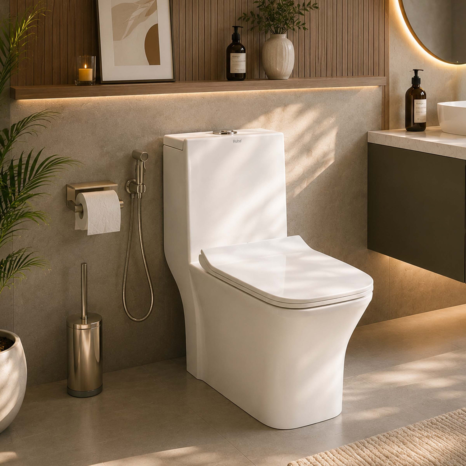 Image of Ruhe Aric One-Piece Box Rim S-Trap | Siphonic Flushing Western Toilet | Soft-Close Seat | Dual Flush | Anti-bacterial Glaze | Floor Mounted Western Commode