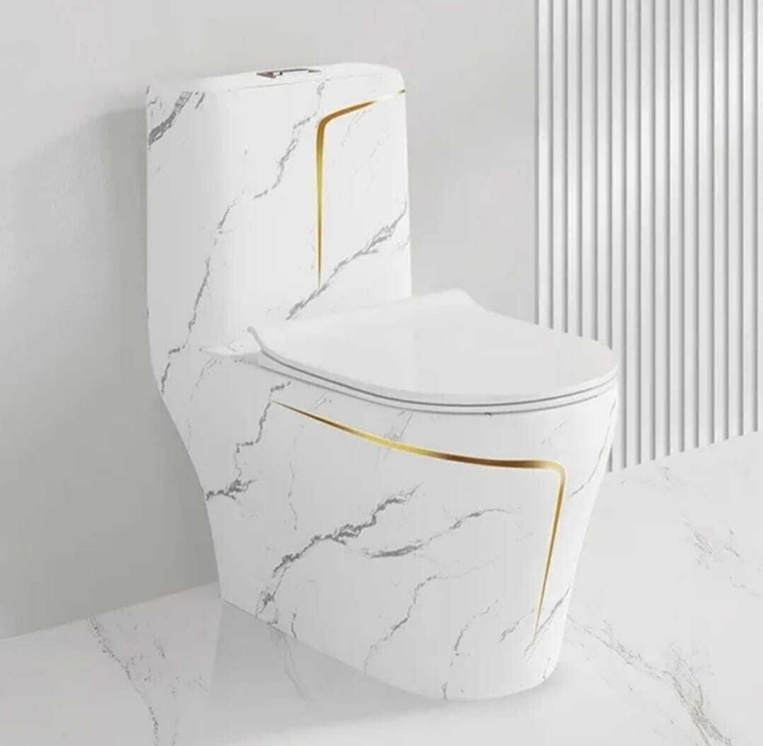 Image of SIORE Premium Quality 1008 Shining White Marble commode with Yellow Finishing Line and Round Flush Button Western Commode