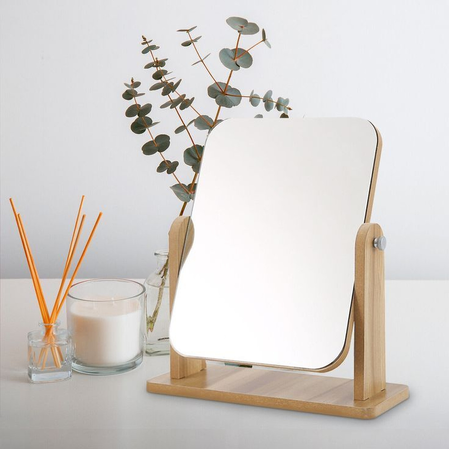 Image of Glitzn Wooden Tabletop Makeup Mirror - 360 Rotating Adjustable Vanity Desk Mirror