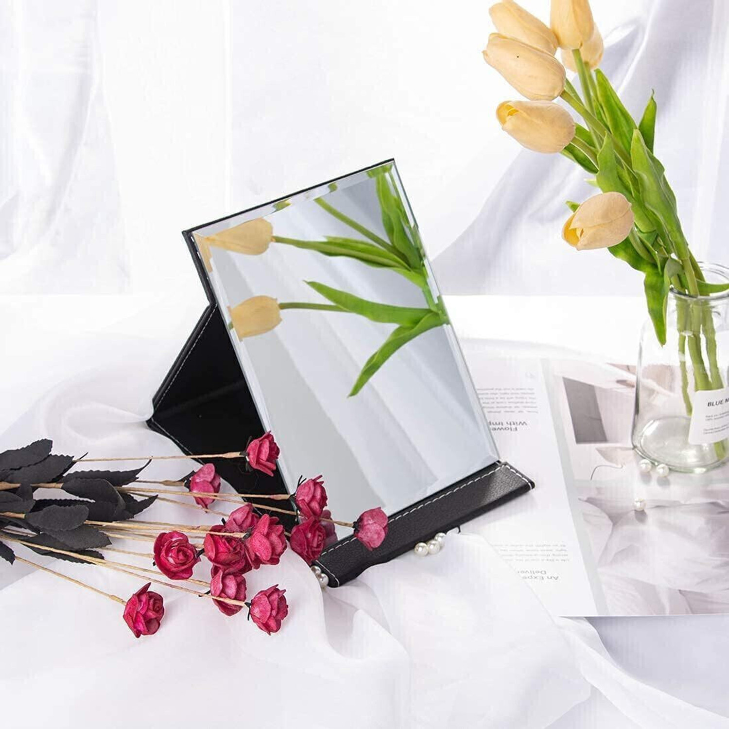 Image of olwick Folding Travel Mirror,PU Portable Adjustable Rectangular Ultrathin Makeup Mirror