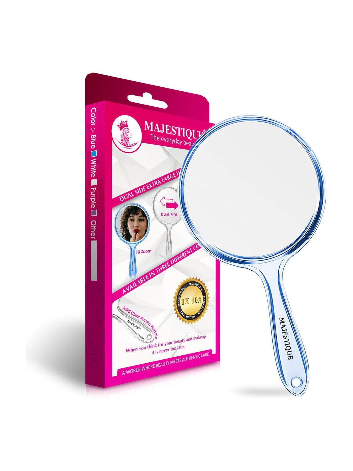 MAJESTIQUE Dual Side Extra Large Handheld Mirror, 1X/10X Round Magnifying Compact Mirror