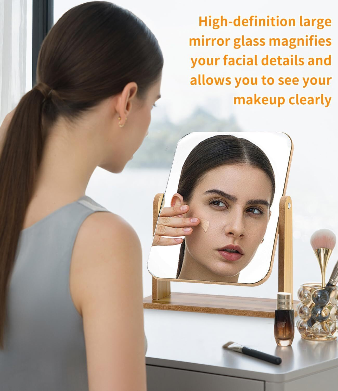 Image of Dejmin Vanity Mirror with Bamboo Stand, Small Desk Table Mirror with 360 Rotation