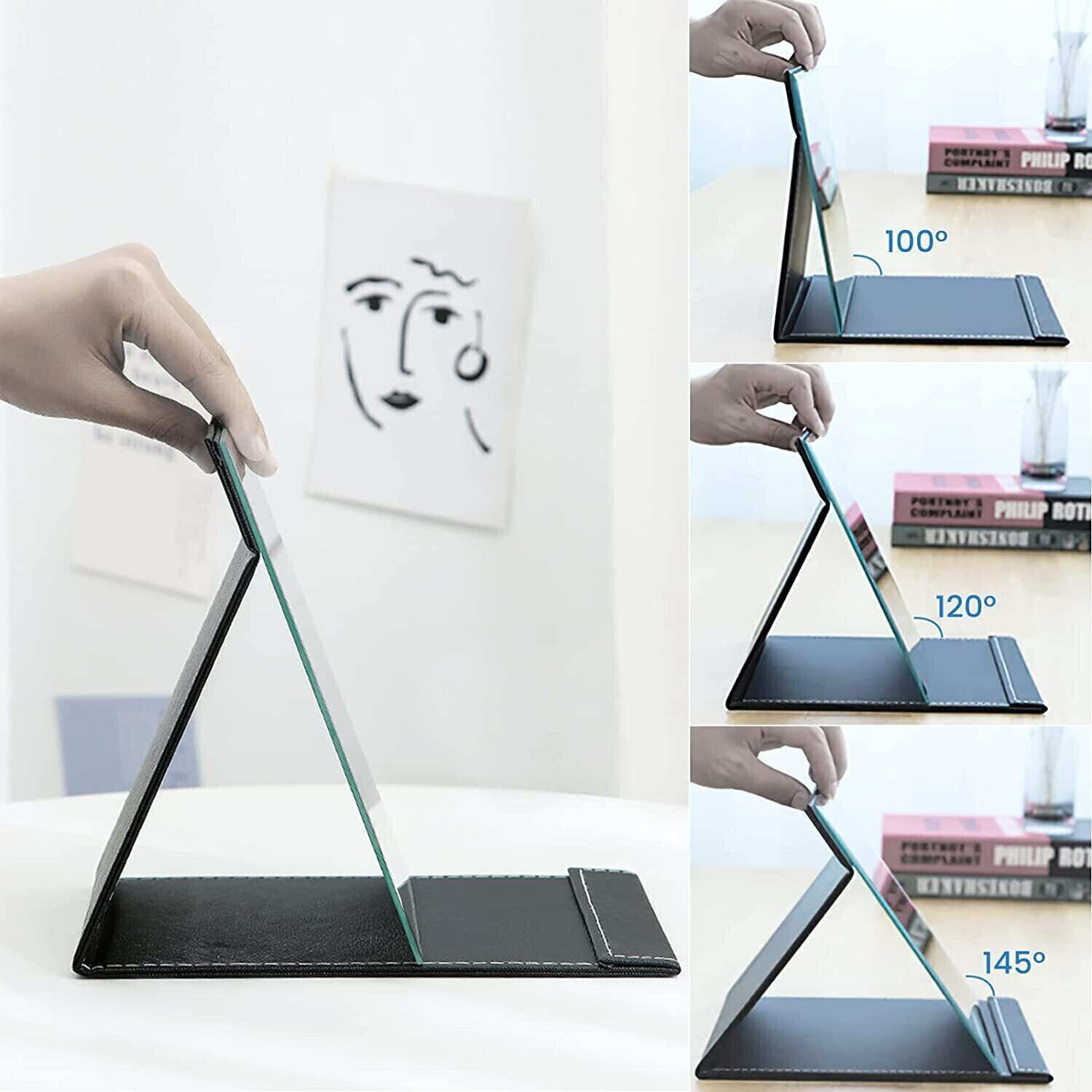 Image of olwick Folding Travel Mirror,PU Portable Adjustable Rectangular Ultrathin Makeup Mirror