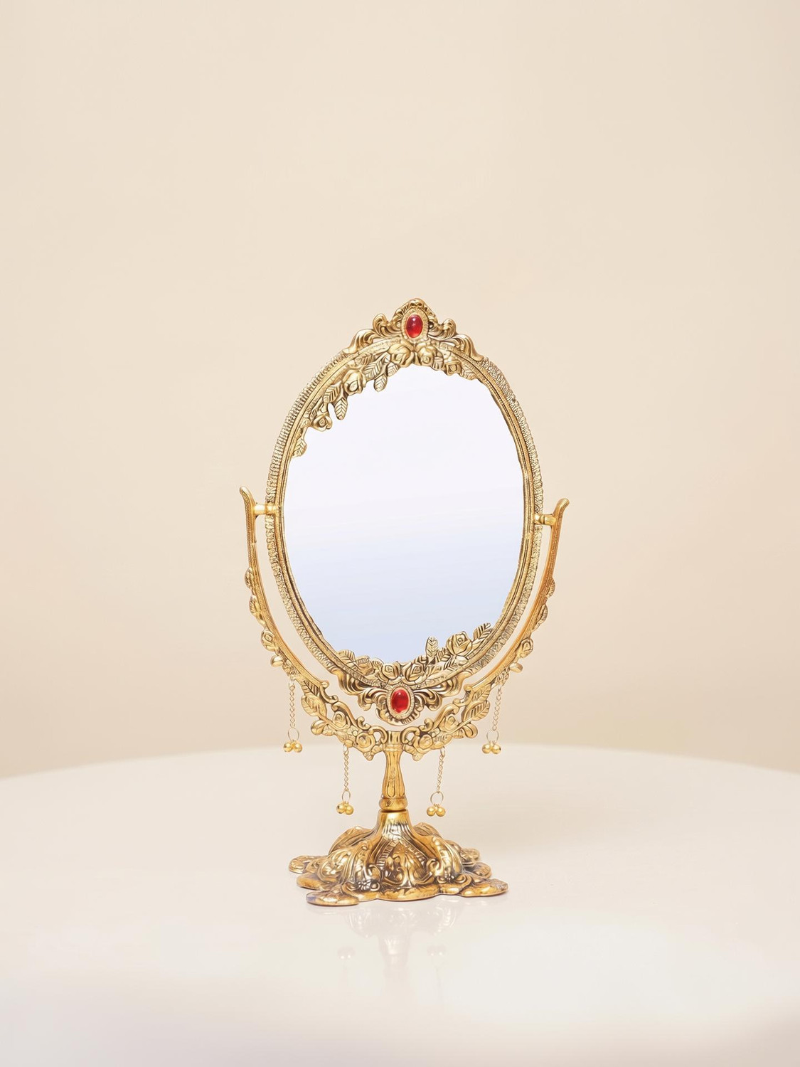 Image of KridayKraft Beautifully Carved Ovel Shape Gold Plating Metal Hand Mirror for Makeup,Salon Mirror & Decorative Table Mirror Antique Item for Wedding Gifts...