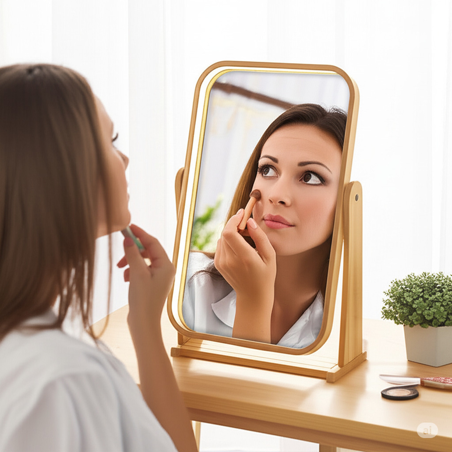 Image of Glitzn Wooden Tabletop Makeup Mirror - 360 Rotating Adjustable Vanity Desk Mirror