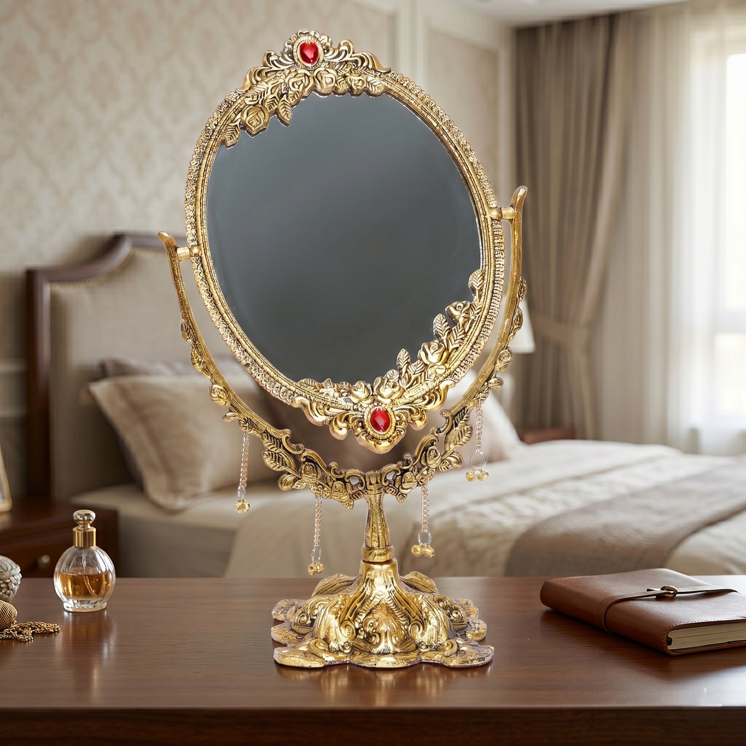 Image of KridayKraft Beautifully Carved Ovel Shape Gold Plating Metal Hand Mirror for Makeup,Salon Mirror & Decorative Table Mirror Antique Item for Wedding Gifts...