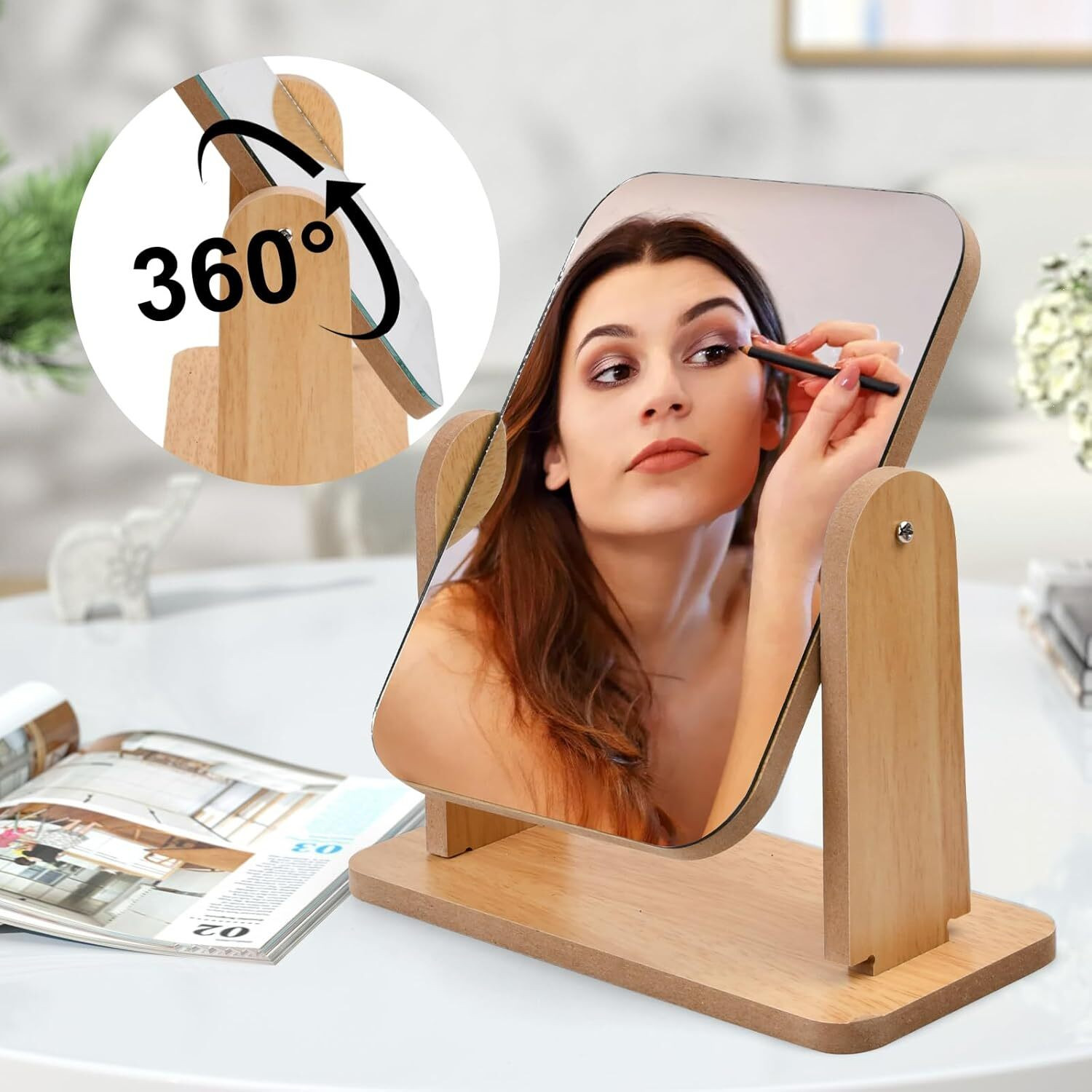 Image of JDNMFASHION wooden Makeup Mirror Vanity Mirror Wood Desk Mirror Dressing Table Mirror