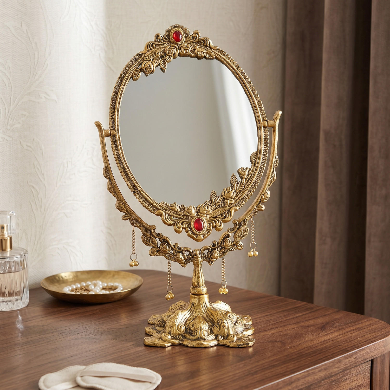 Image of KridayKraft Beautifully Carved Ovel Shape Gold Plating Metal Hand Mirror for Makeup,Salon Mirror & Decorative Table Mirror Antique Item for Wedding Gifts...