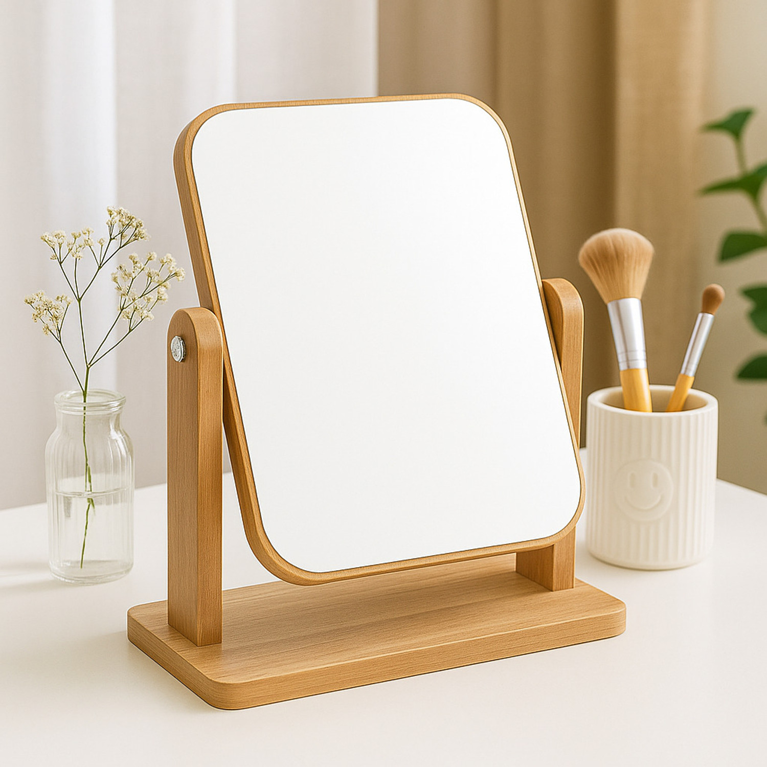 Image of Dejmin Vanity Mirror with Bamboo Stand, Small Desk Table Mirror with 360 Rotation