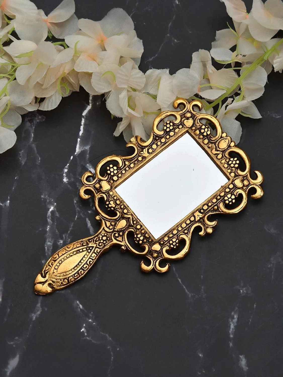 Image of NIRMAL HANDI CRAFT Metal Handheld Mirror with Handle Compact for Personal Makeup Vanity
