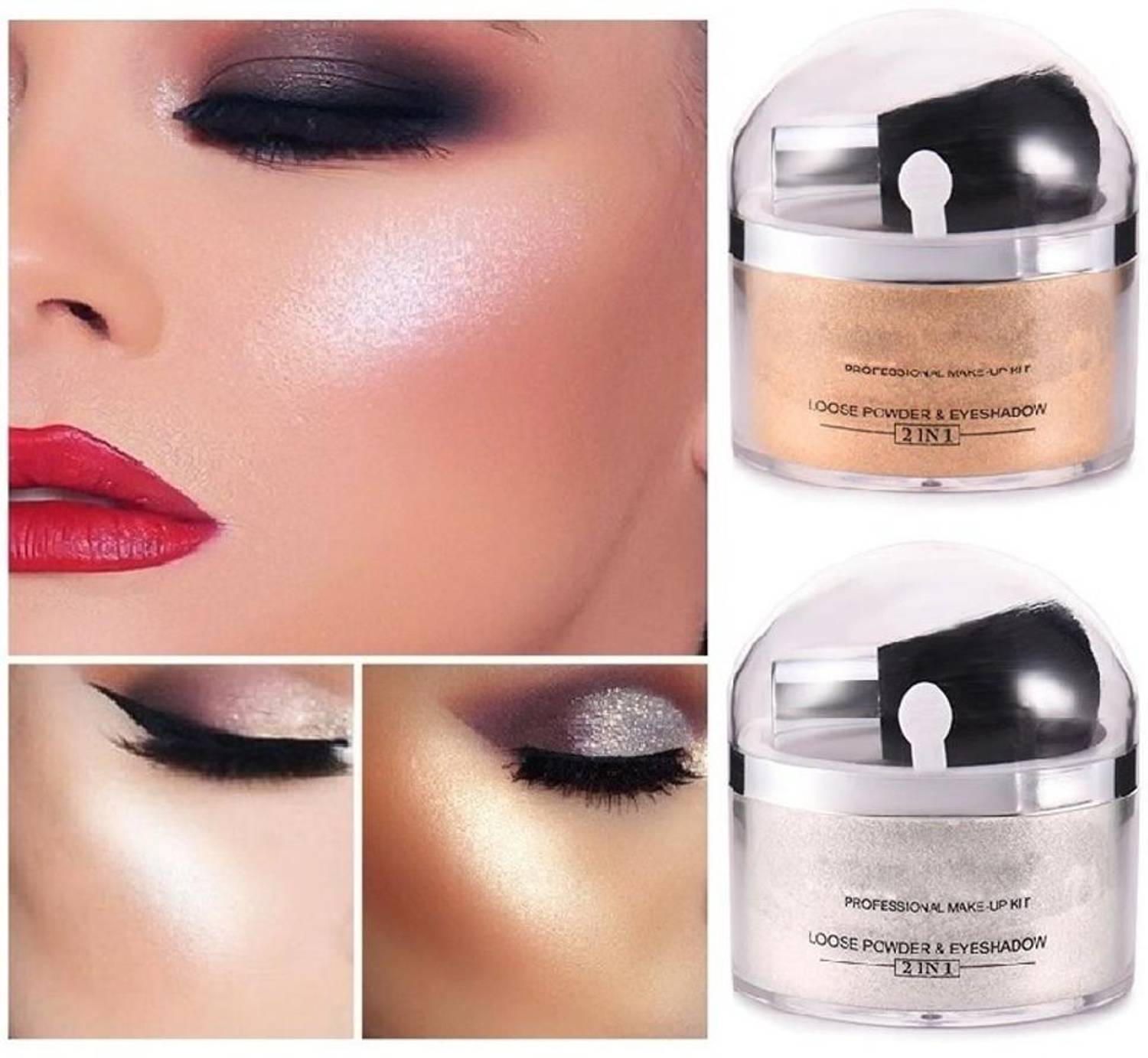ADJD GOLD & SILVER 2 IN 1 GLITTER SHIMMER FINISH MULTI-USE LOOSE POWDER Compact
