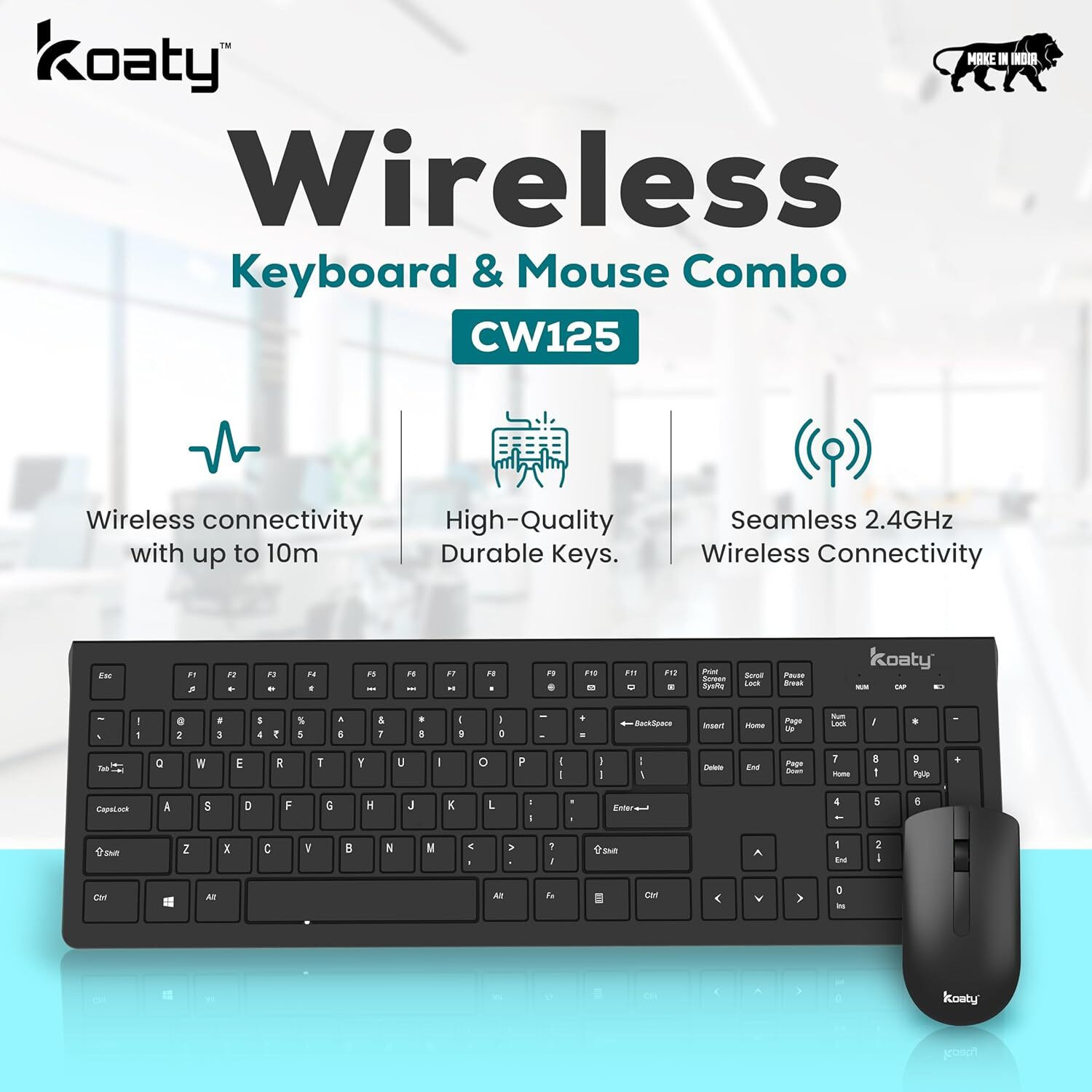 Image of Koaty Core CW125 Multimedia Wireless Keyboard & Mouse, Soft Typing, Full Size Combo Set Designed for Gaming