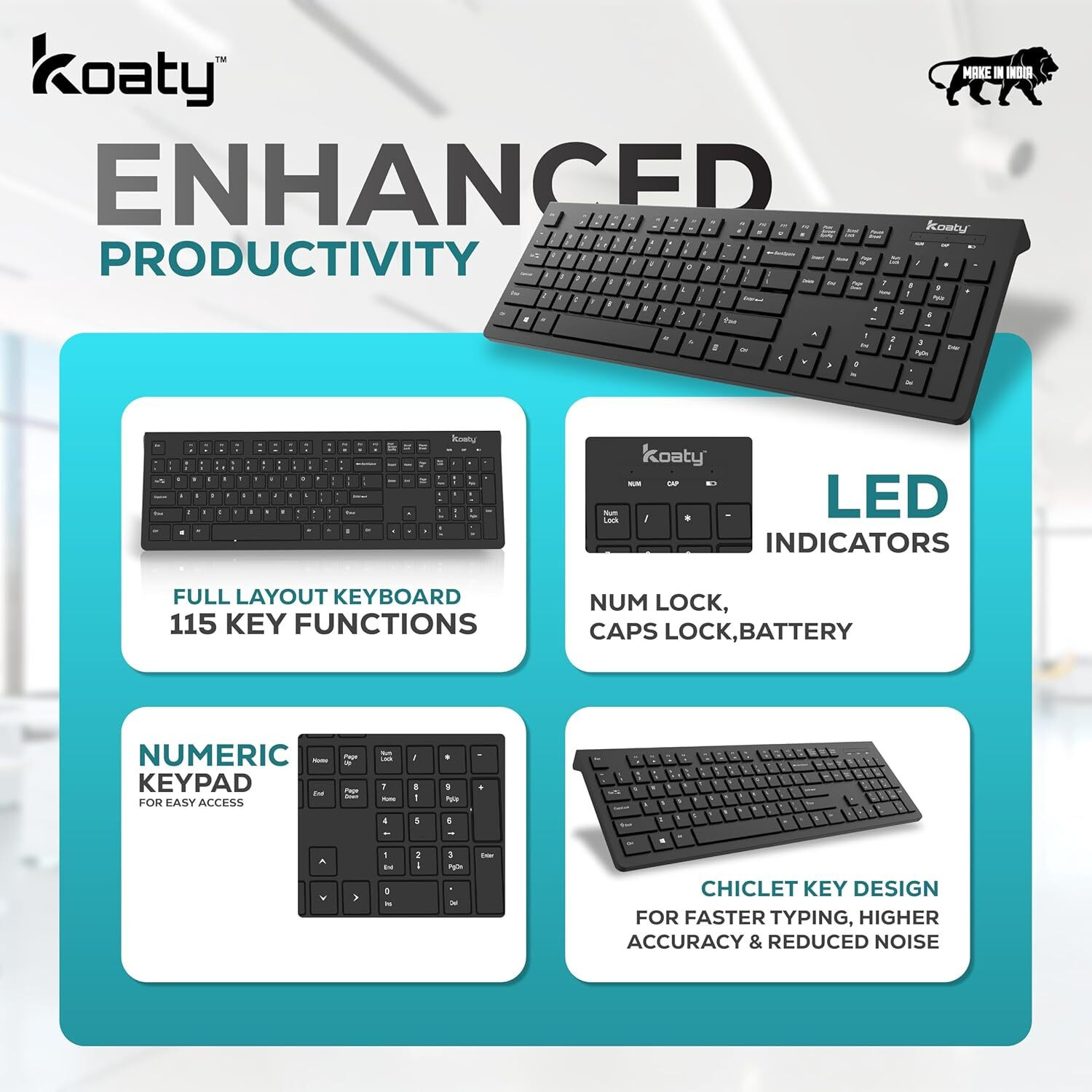 Image of Koaty Core CW125 Multimedia Wireless Keyboard & Mouse, Soft Typing, Full Size Combo Set Designed for Gaming