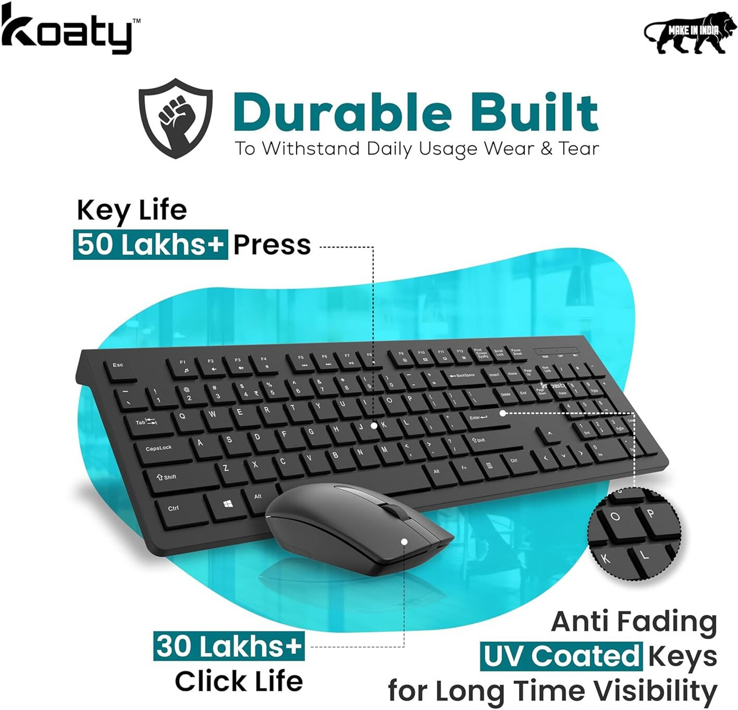 Image of Koaty Core CW125 Multimedia Wireless Keyboard & Mouse, Soft Typing, Full Size Combo Set Designed for Gaming