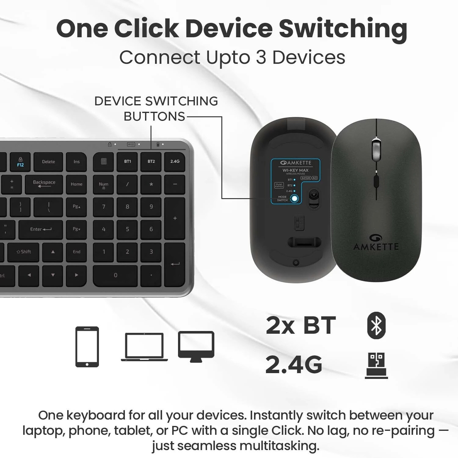 Image of AMKETTE Wi-Key Max Rechargeable Wireless Keyboard and Mouse PS2 Standard Desktop Keyboard Compatible with Desktop, Laptop, Mac, iPad
