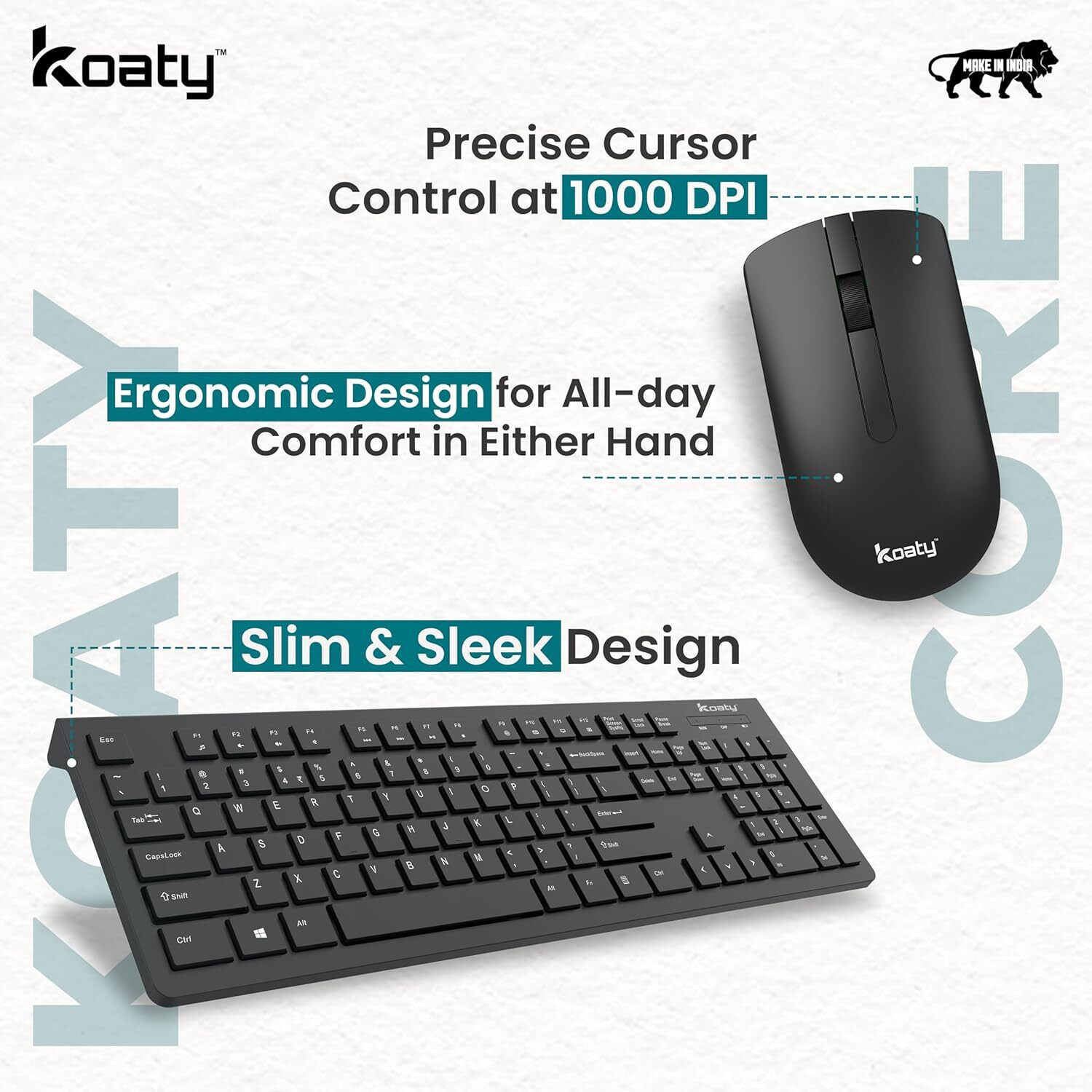 Image of Koaty Core CW125 Multimedia Wireless Keyboard & Mouse, Soft Typing, Full Size Combo Set Designed for Gaming