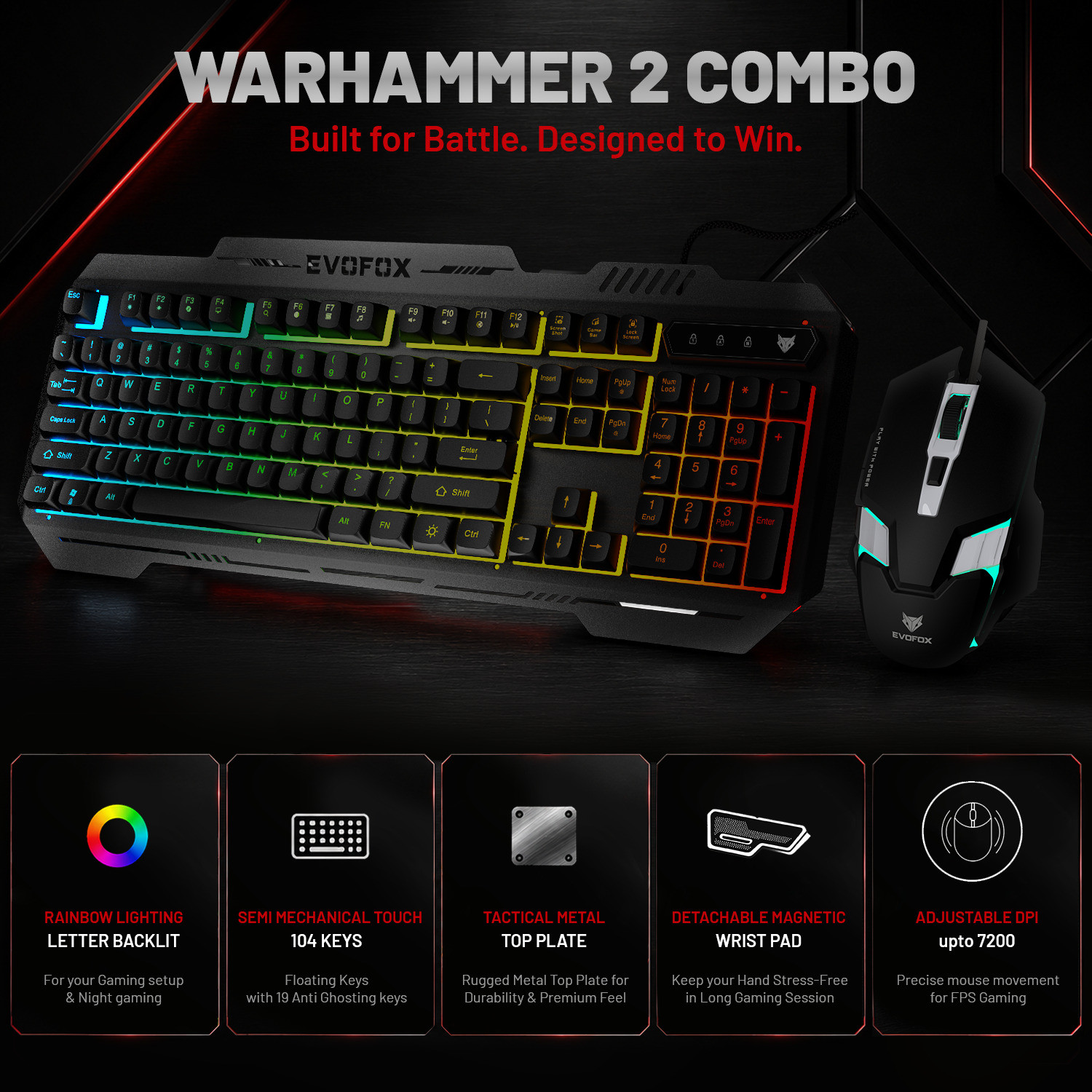Image of EVOFOX Warhammer 2 Semi-Mechanical Wired Keyboard & Mouse, Magnetic Wrist Pad, 7200 DPI Combo Set Designed for Gaming