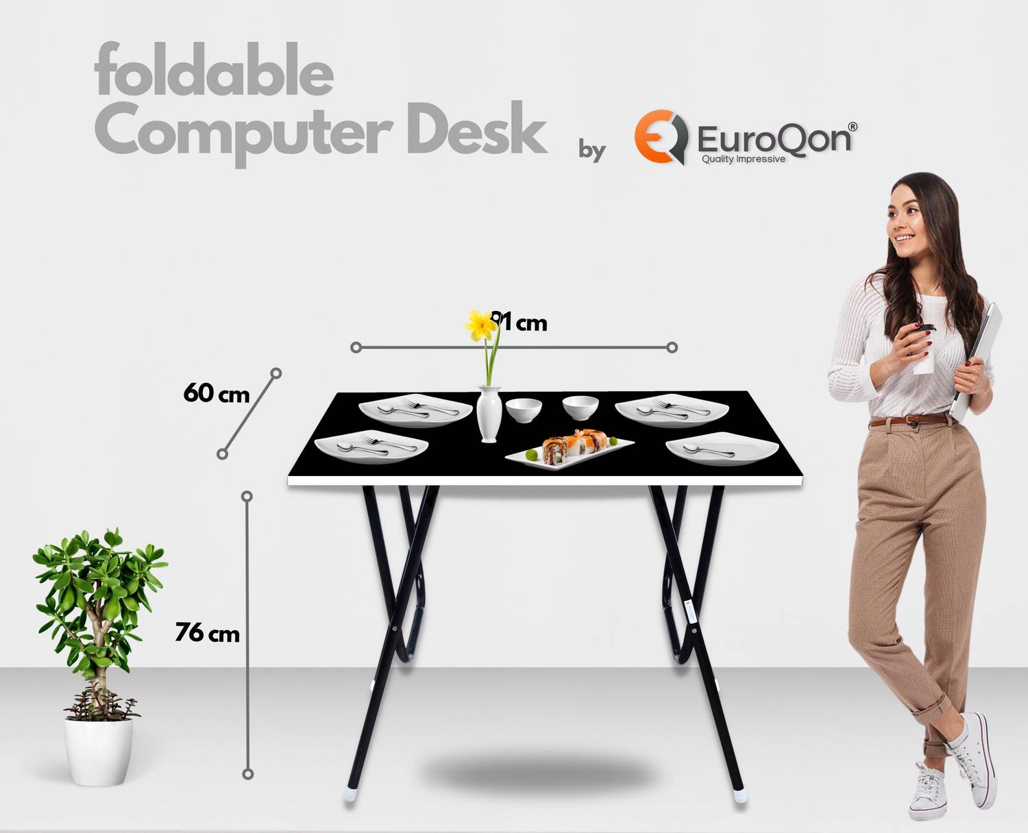 EuroQon Foldable Engineered Wood Computer Desk - Image 2