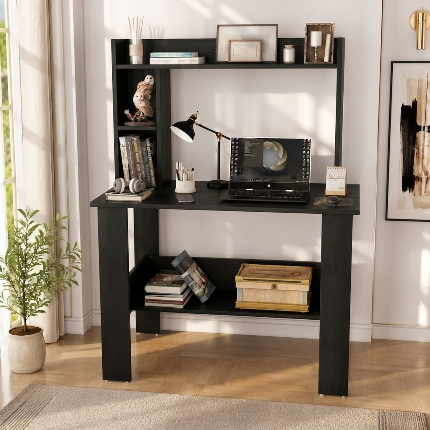 Image of Lukzar Multipurpose Portable Study Desk with Hutch Storage & Shelves for Home Office Engineered Wood Study Table